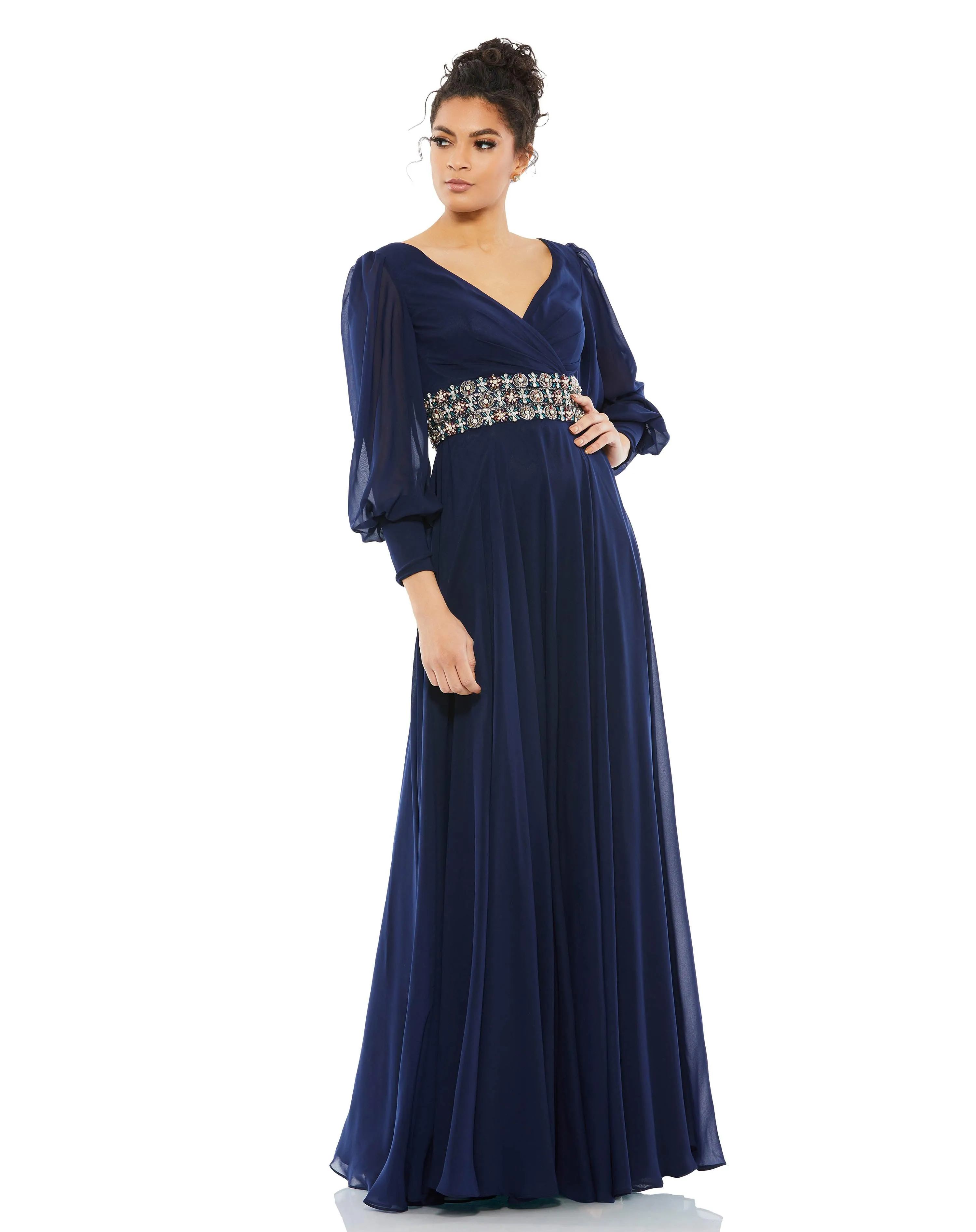 Mac Duggal 79390 Long Sleeve Formal Beaded Chiffon Dress