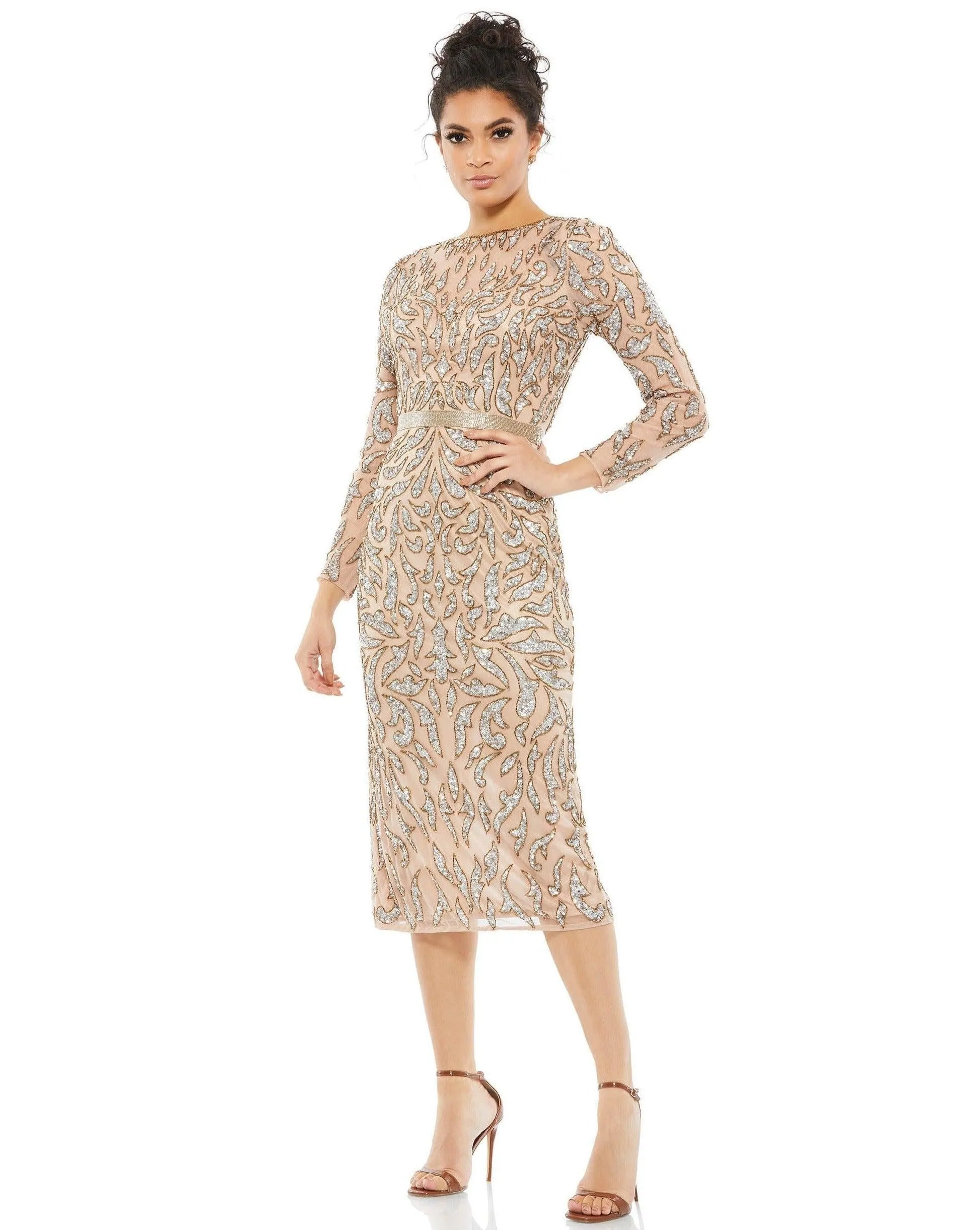 Mac Duggal Long Sleeve Beaded Cocktail Dress