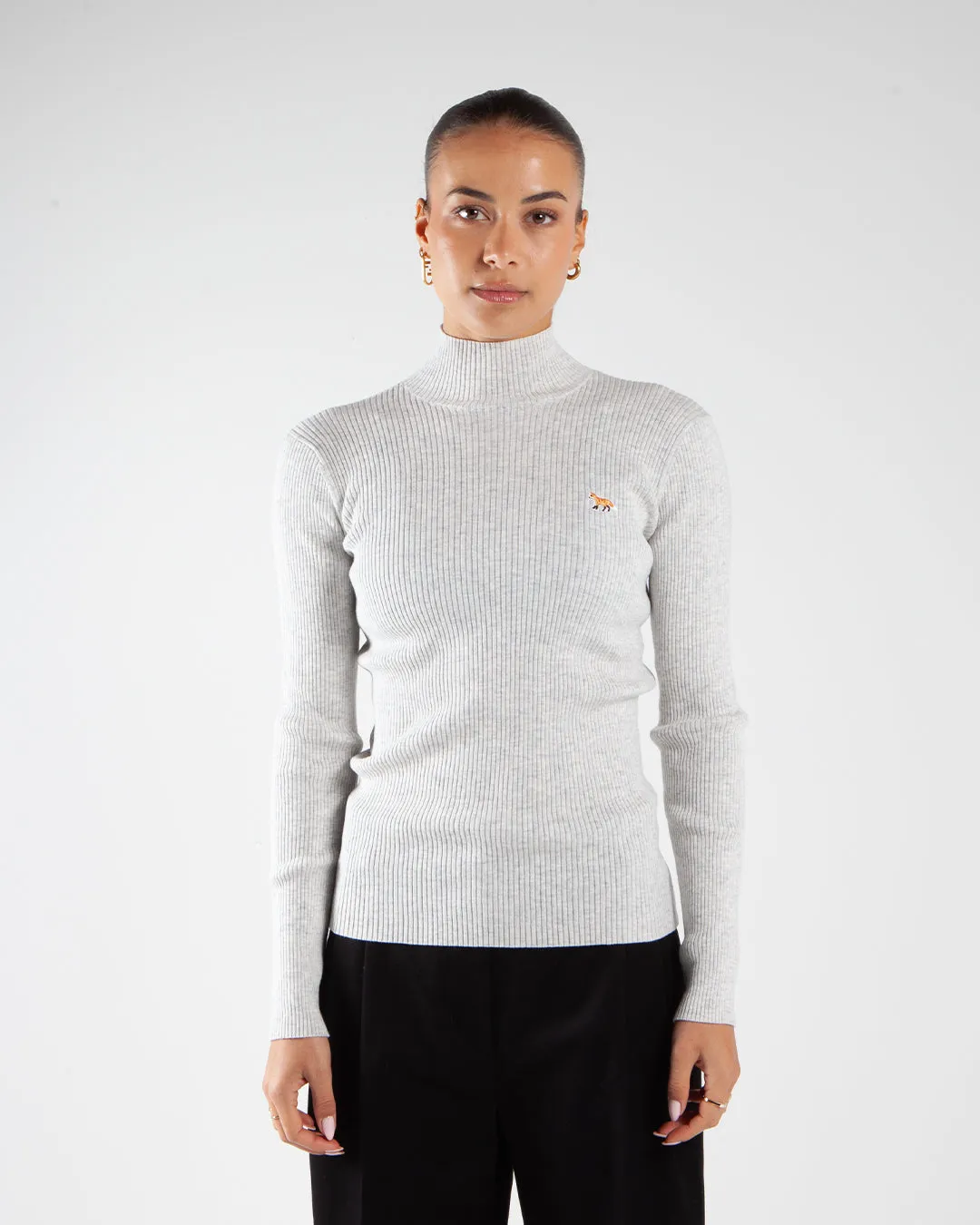 Maison Kitsune Baby Fox Patch Fine Ribbed Turtleneck Light Grey Melange