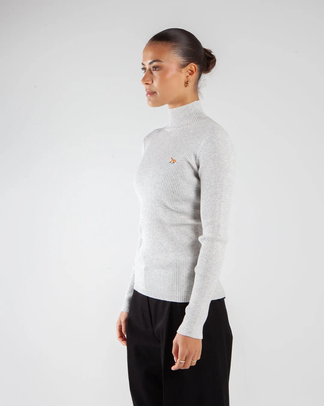 Maison Kitsune Baby Fox Patch Fine Ribbed Turtleneck Light Grey Melange