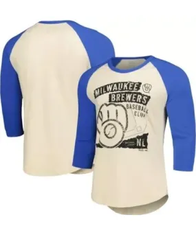 Majestic Threads Men's MLB Cream/Royal Milwaukee Brewers Raglan 3/4-Sleeve T-Shirt