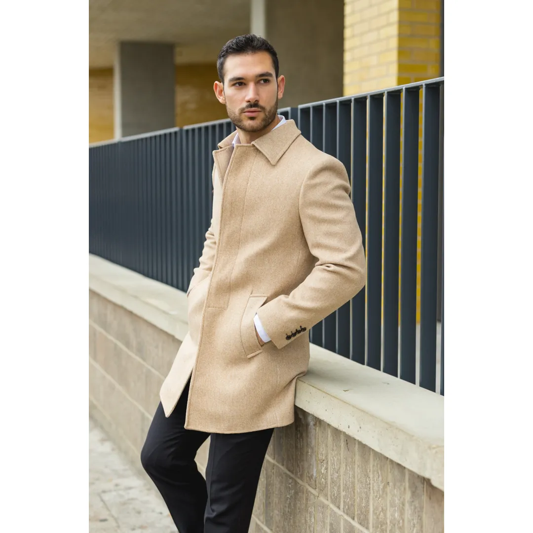 Men's Classic Collar Wool Blend Beige Overcoat