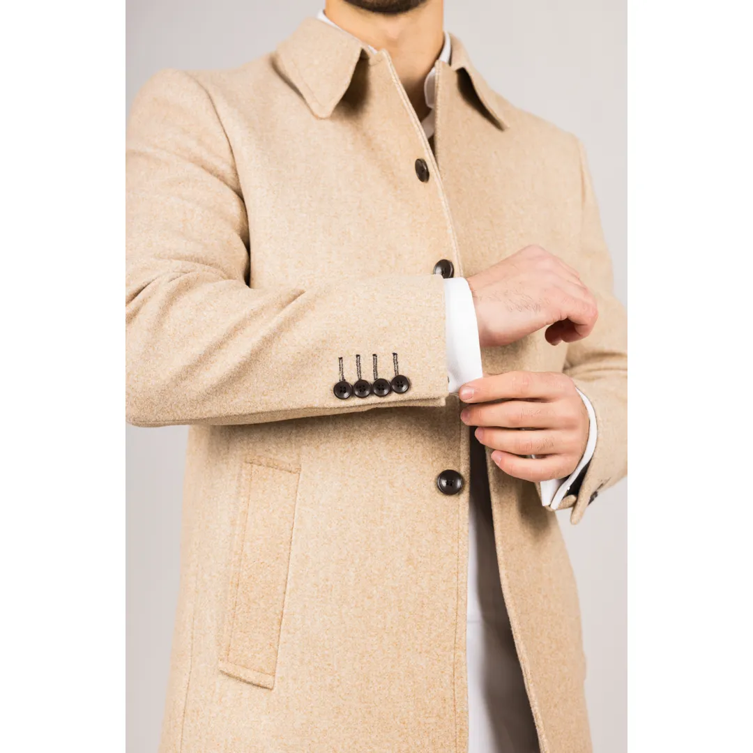 Men's Classic Collar Wool Blend Beige Overcoat