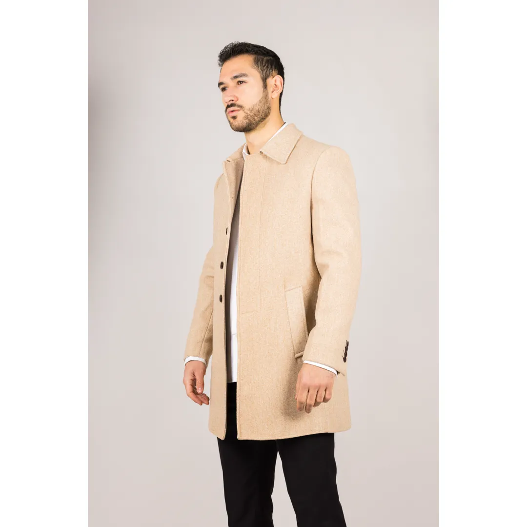 Men's Classic Collar Wool Blend Beige Overcoat