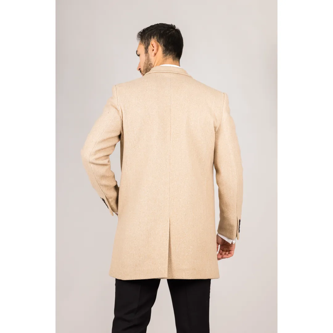 Men's Classic Collar Wool Blend Beige Overcoat