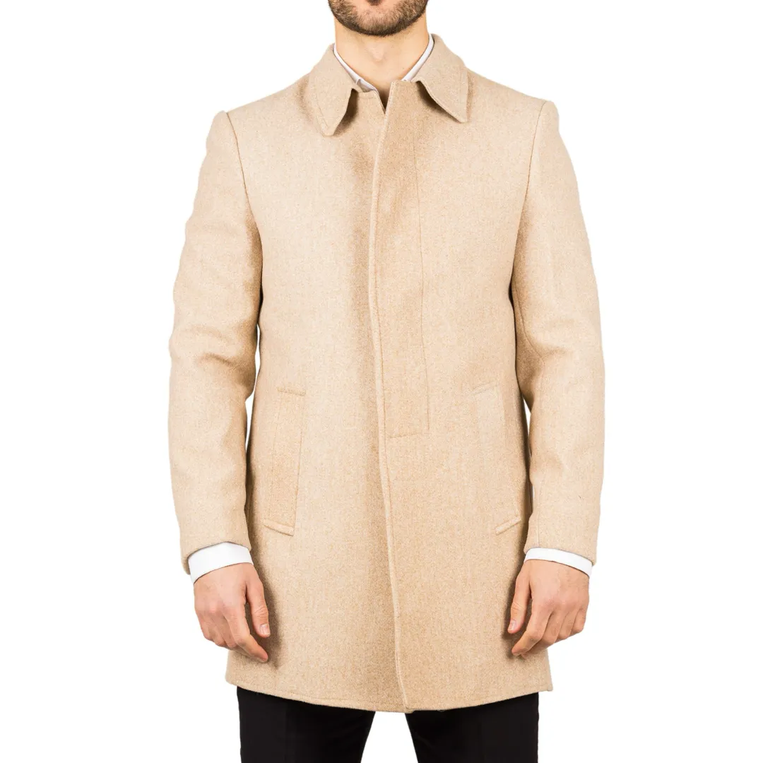 Men's Classic Collar Wool Blend Beige Overcoat