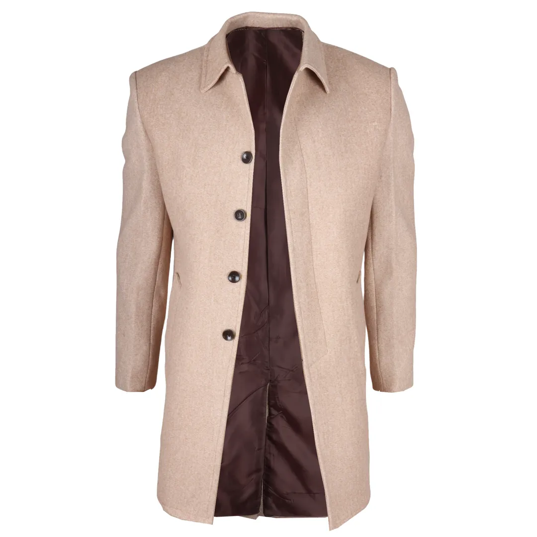 Men's Classic Collar Wool Blend Beige Overcoat