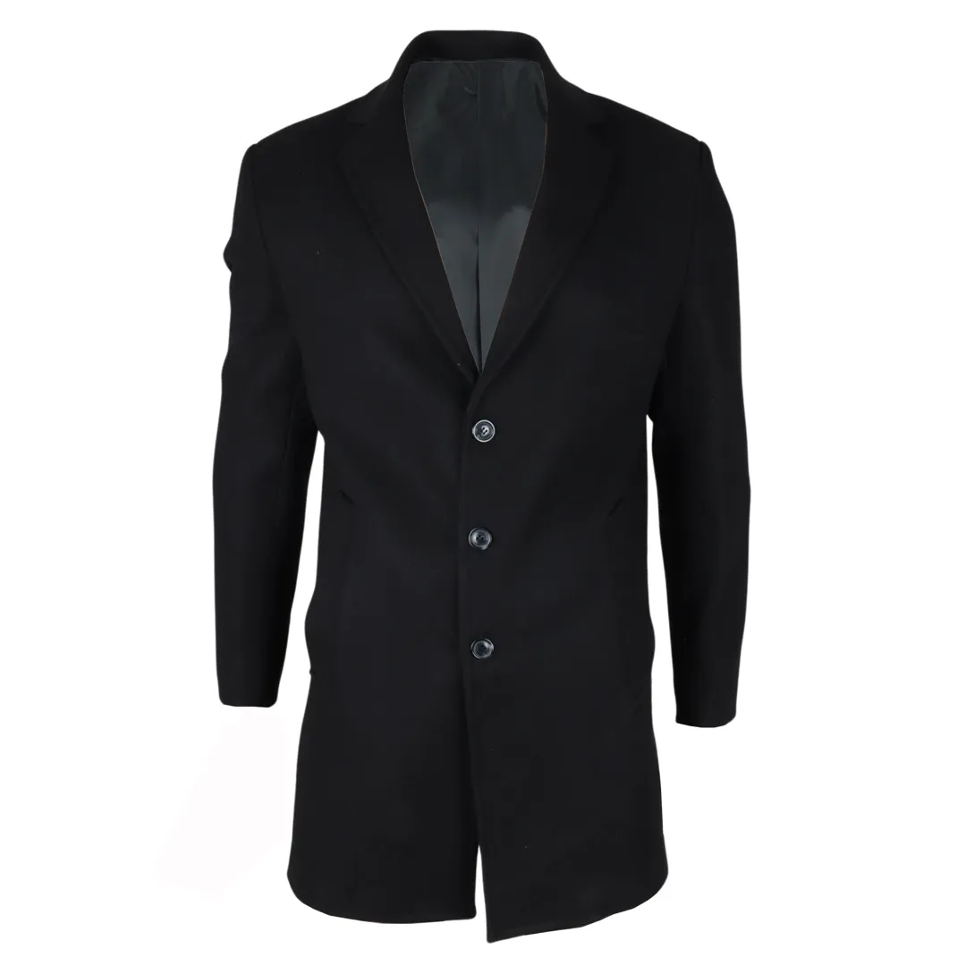 Men's Notched Lapel Collar Wool Blend Black Overcoat