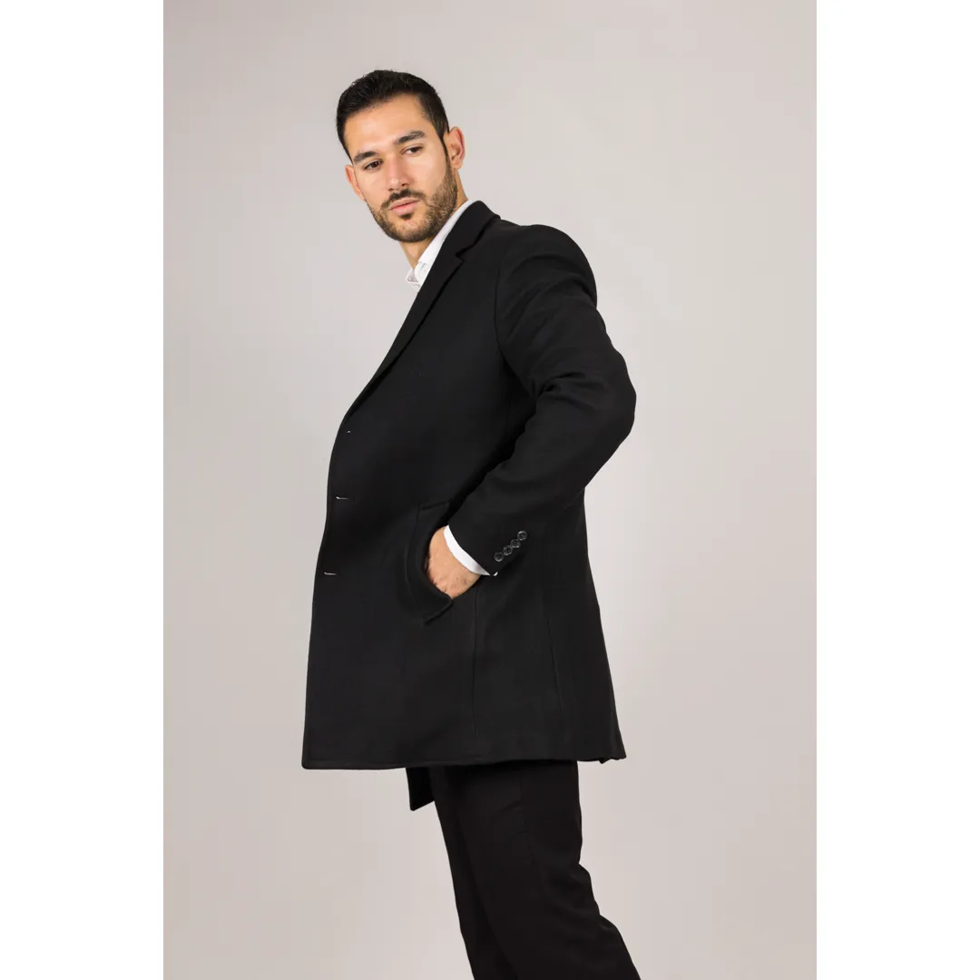 Men's Notched Lapel Collar Wool Blend Black Overcoat