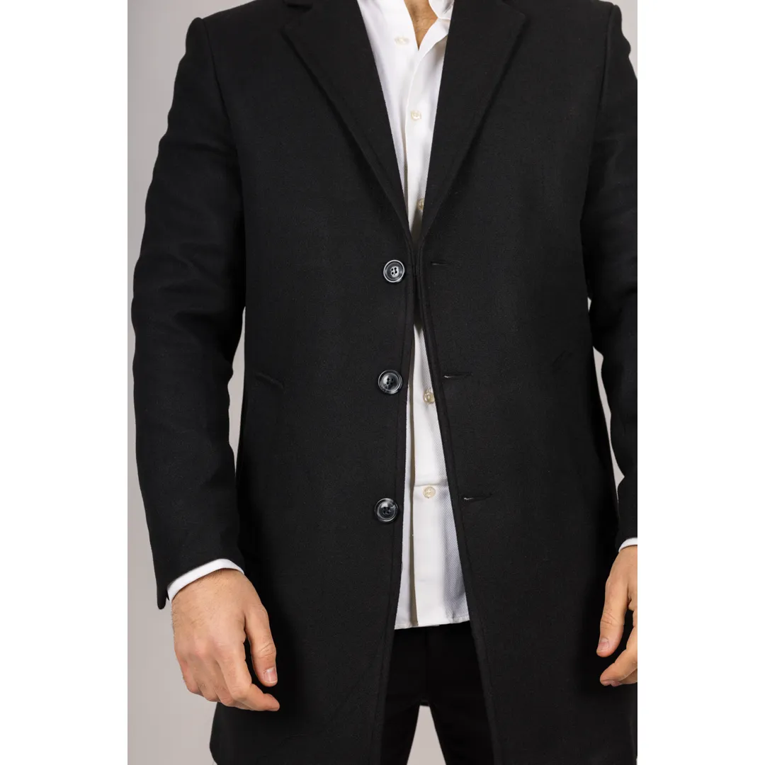 Men's Notched Lapel Collar Wool Blend Black Overcoat