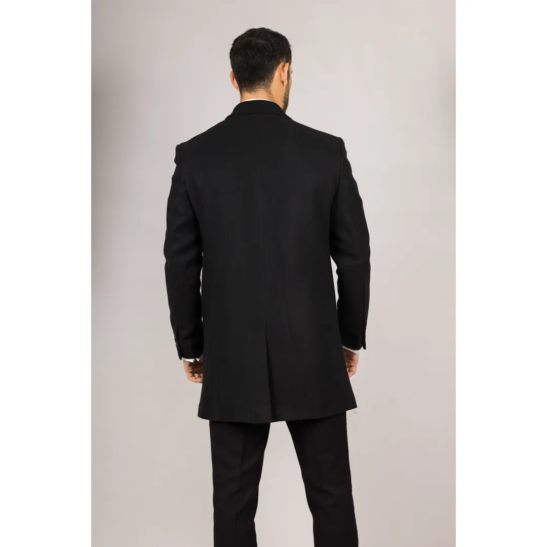 Men's Notched Lapel Collar Wool Blend Black Overcoat