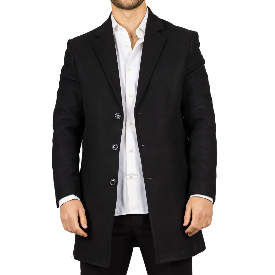 Men's Notched Lapel Collar Wool Blend Black Overcoat