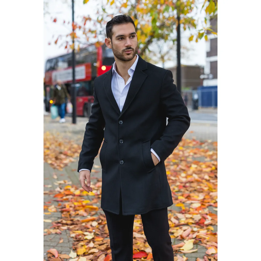 Men's Notched Lapel Collar Wool Blend Black Overcoat