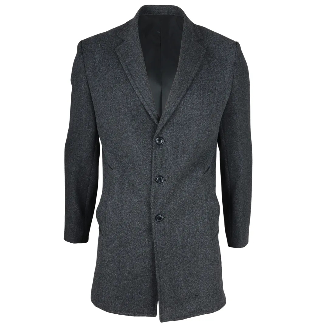 Men's Notched Lapel Collar Wool Blend Grey Overcoat