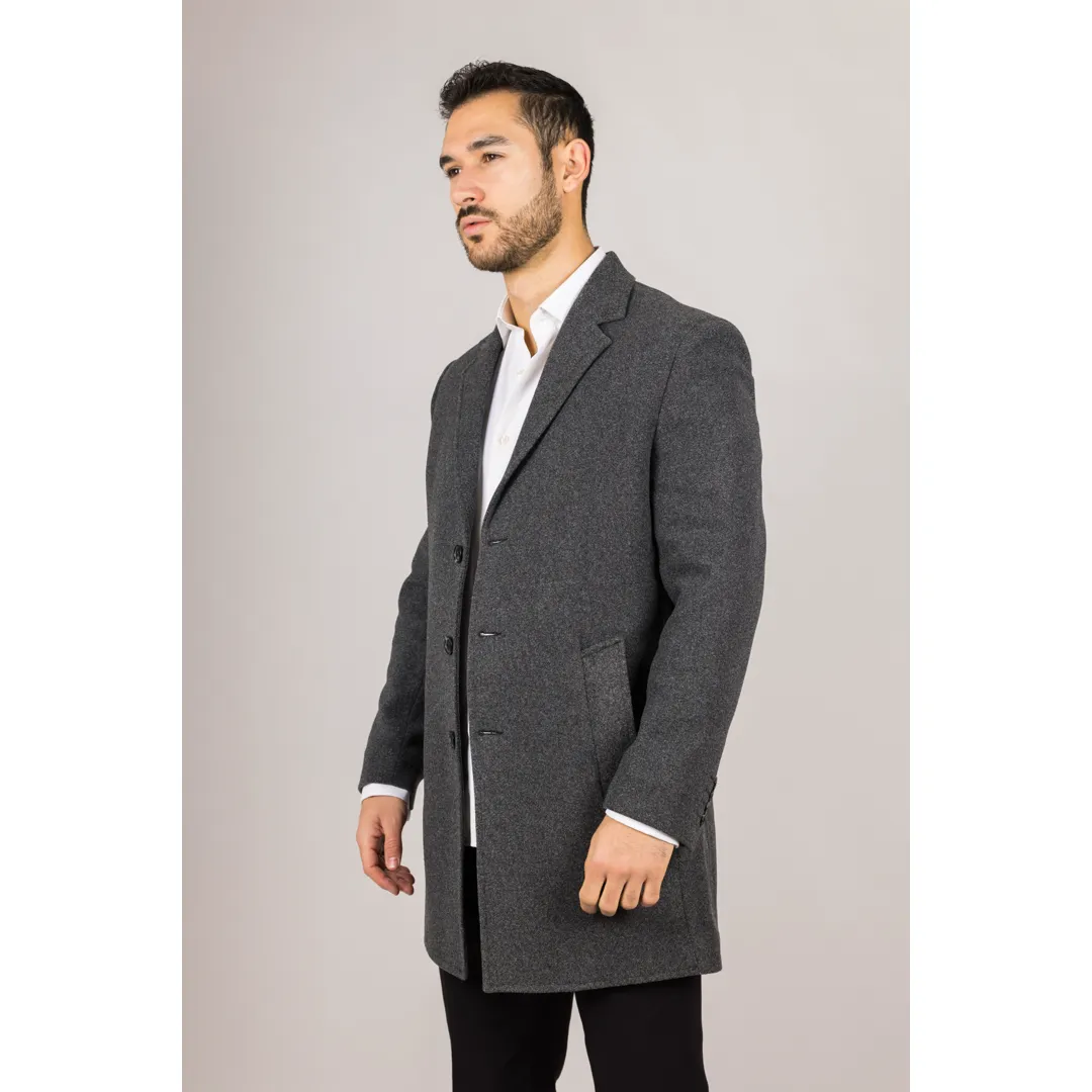 Men's Notched Lapel Collar Wool Blend Grey Overcoat