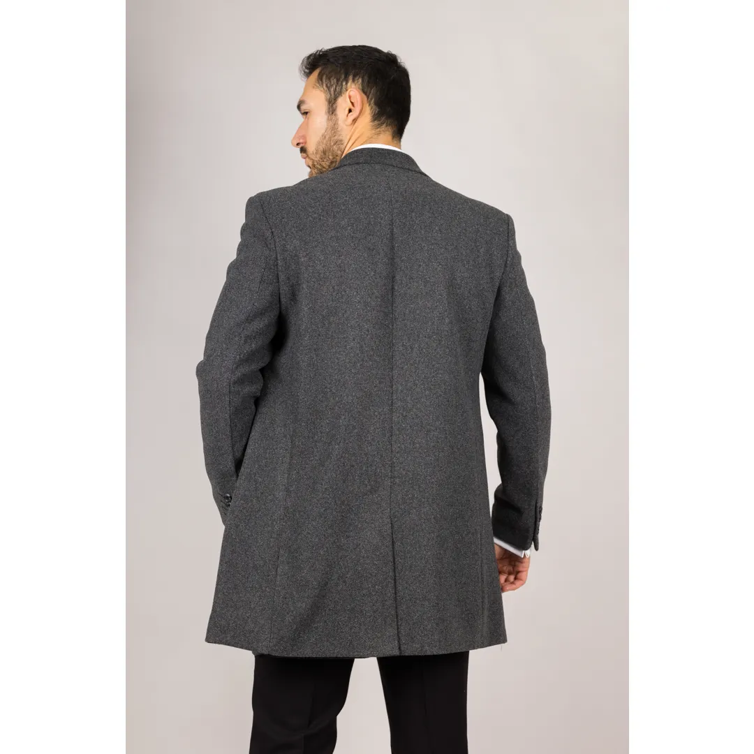 Men's Notched Lapel Collar Wool Blend Grey Overcoat