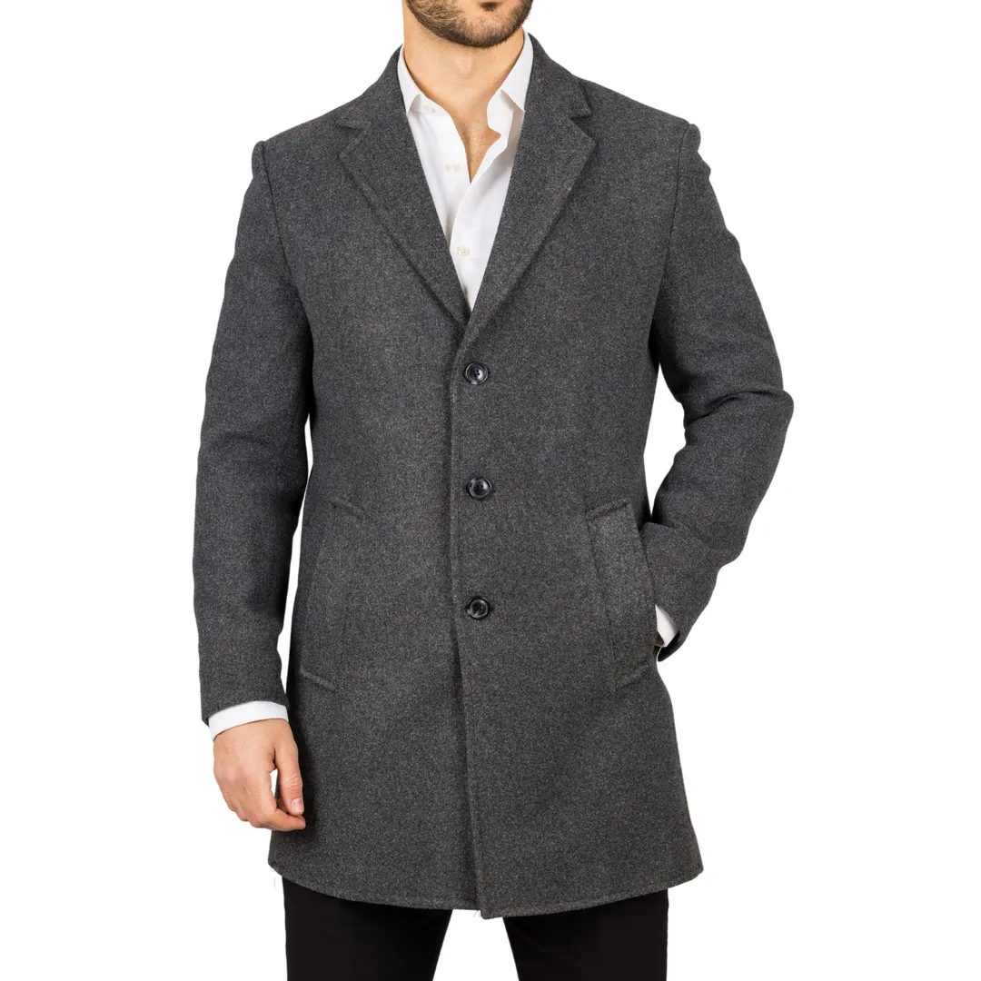 Men's Notched Lapel Collar Wool Blend Grey Overcoat