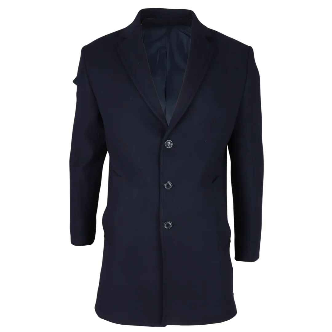 Men's Notched Lapel Collar Wool Blend Navy Overcoat