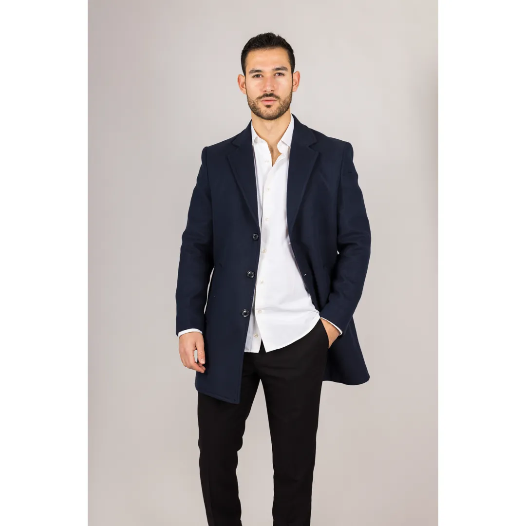 Men's Notched Lapel Collar Wool Blend Navy Overcoat