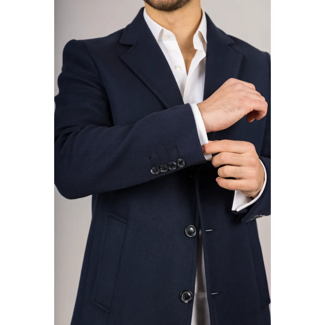 Men's Notched Lapel Collar Wool Blend Navy Overcoat