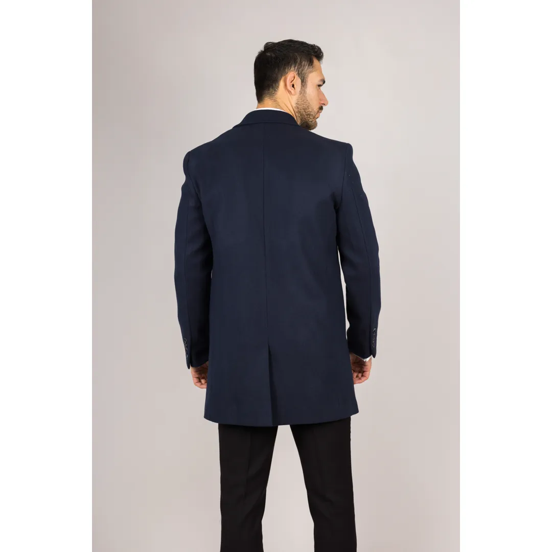 Men's Notched Lapel Collar Wool Blend Navy Overcoat