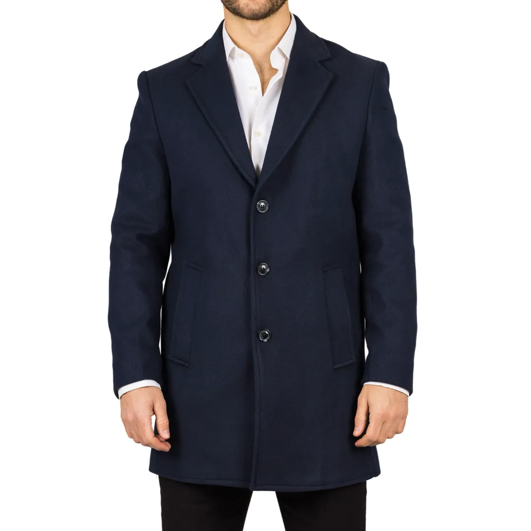 Men's Notched Lapel Collar Wool Blend Navy Overcoat