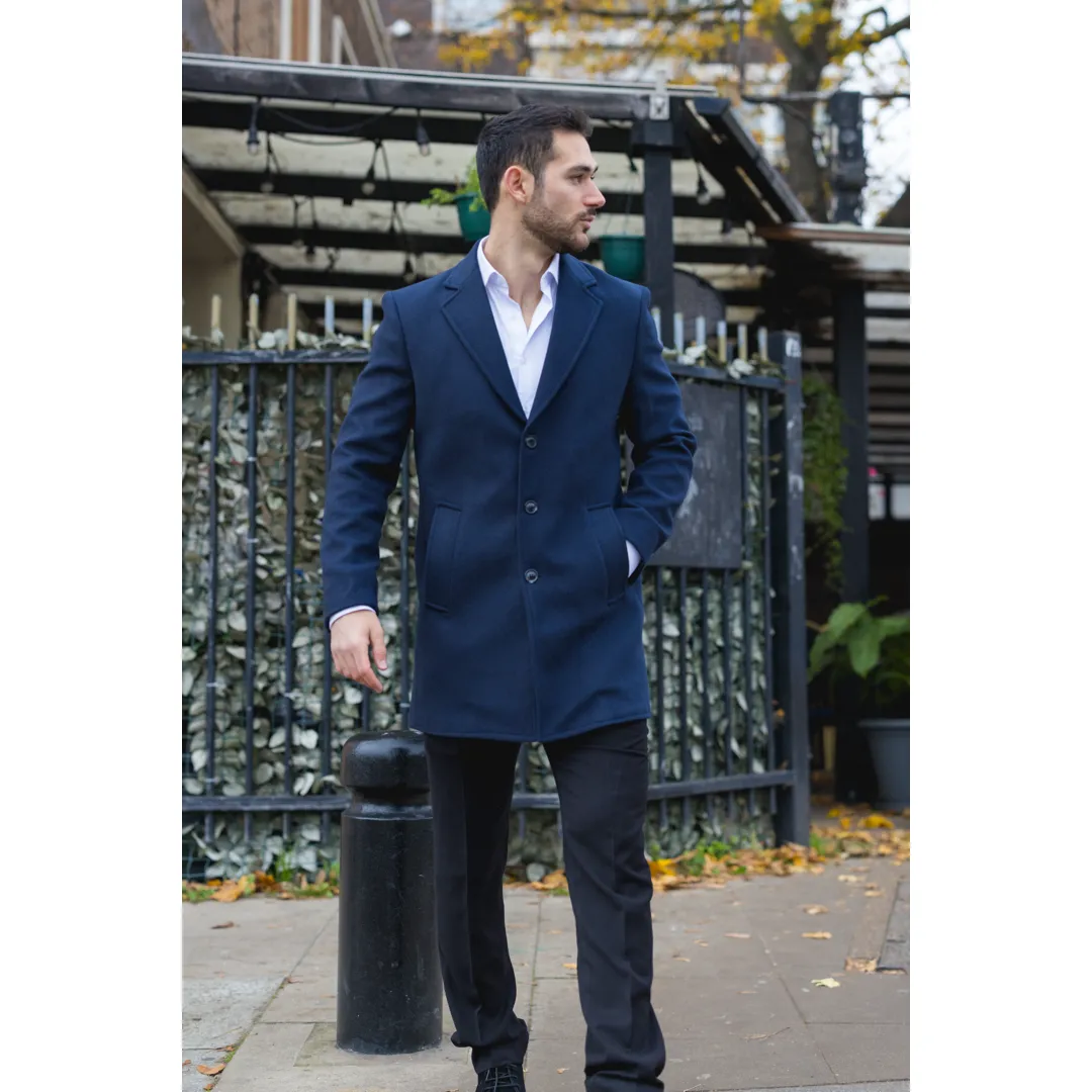 Men's Notched Lapel Collar Wool Blend Navy Overcoat