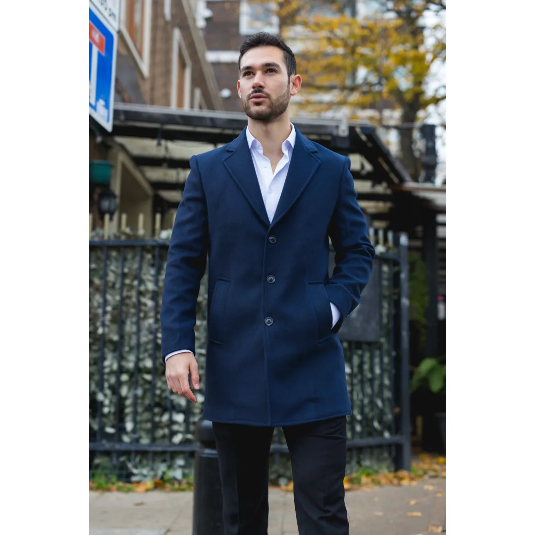 Men's Notched Lapel Collar Wool Blend Navy Overcoat