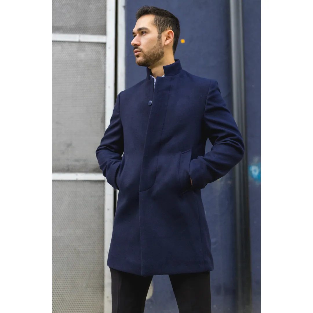 Men's Stand Collar Wool Blend Navy Overcoat