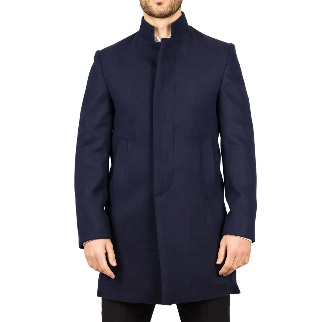 Men's Stand Collar Wool Blend Navy Overcoat