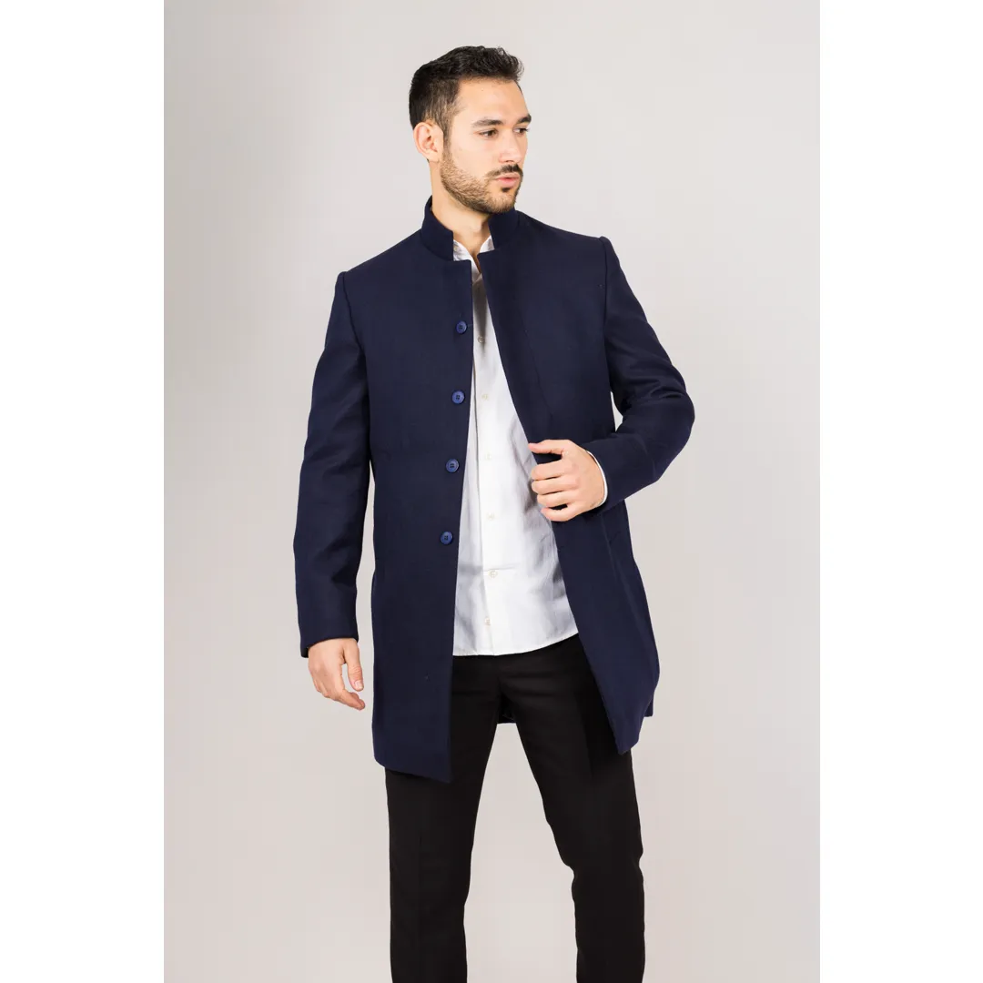 Men's Stand Collar Wool Blend Navy Overcoat