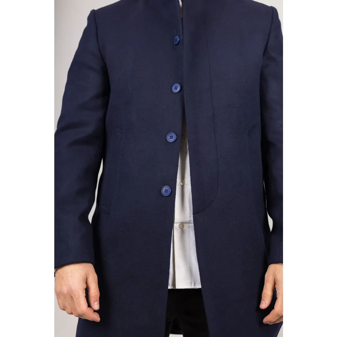 Men's Stand Collar Wool Blend Navy Overcoat