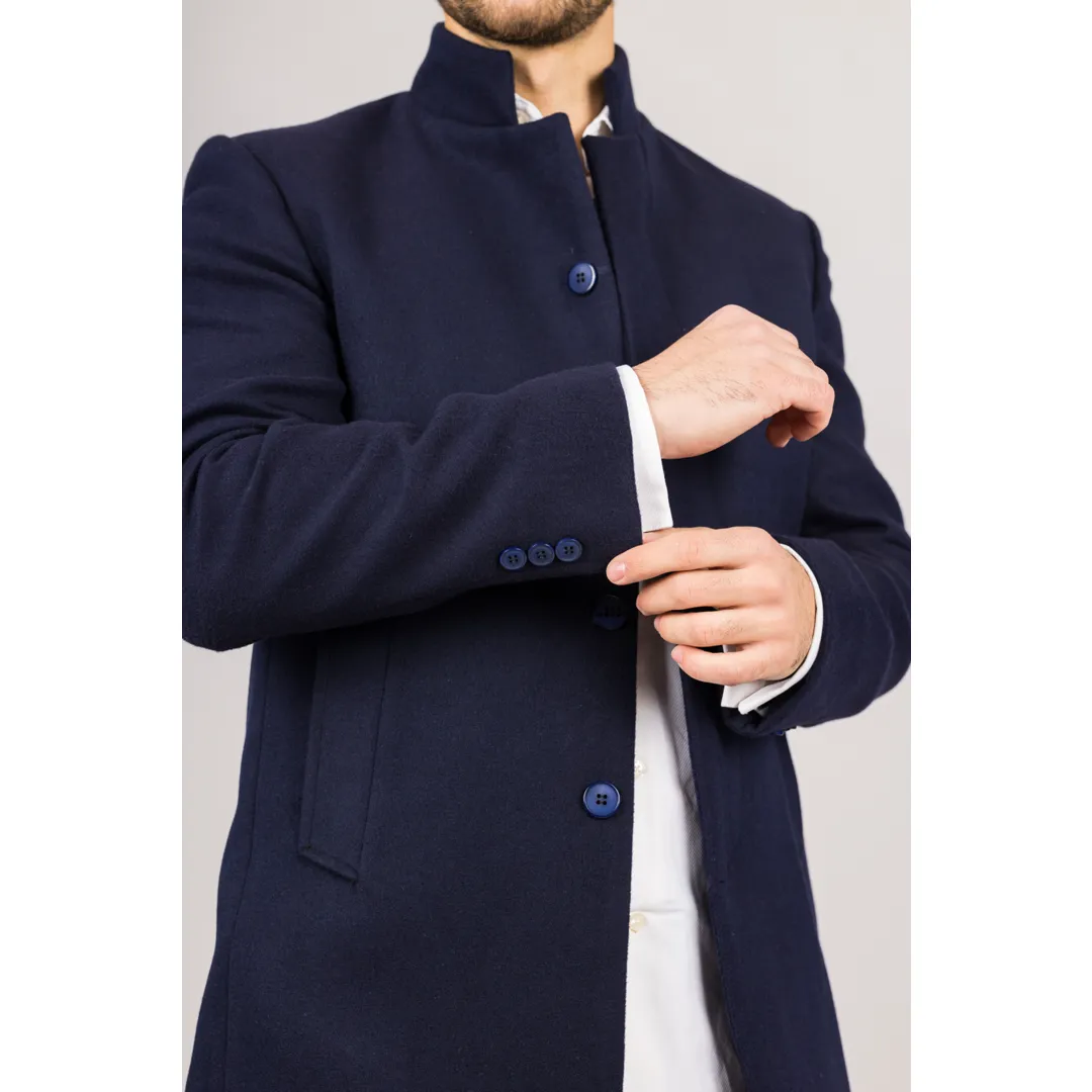 Men's Stand Collar Wool Blend Navy Overcoat