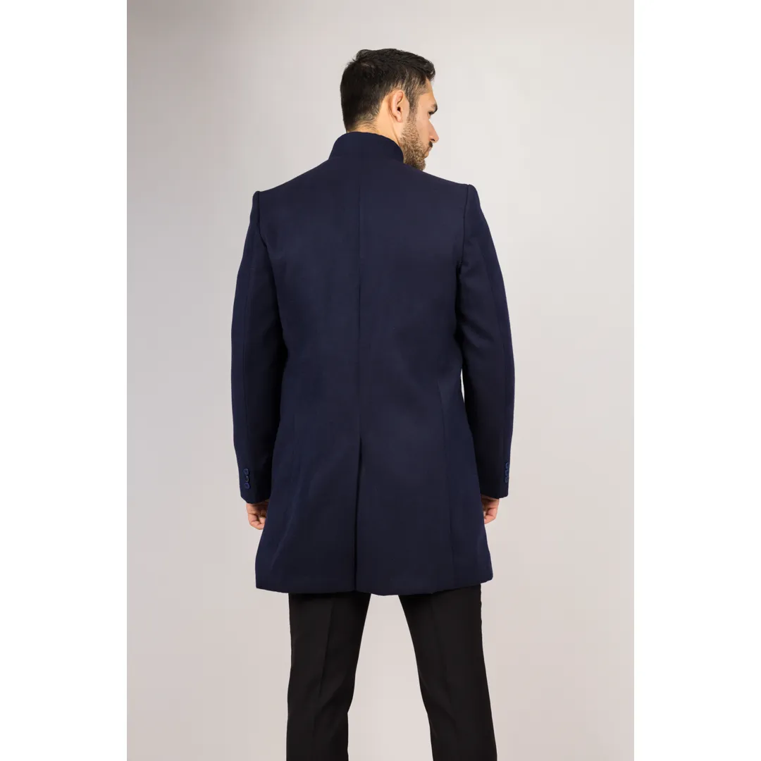 Men's Stand Collar Wool Blend Navy Overcoat