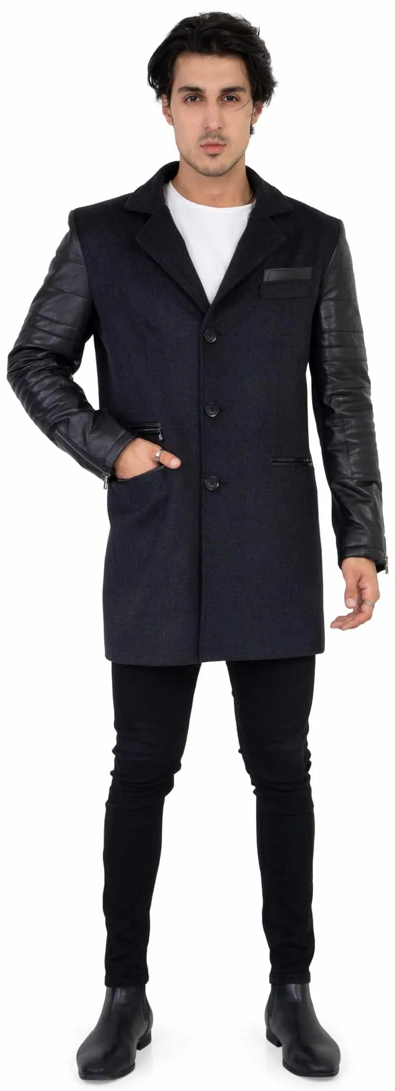 Mens Tweed Cashmere Wool Overcoat with Real Leather Sleeves Grey - B213