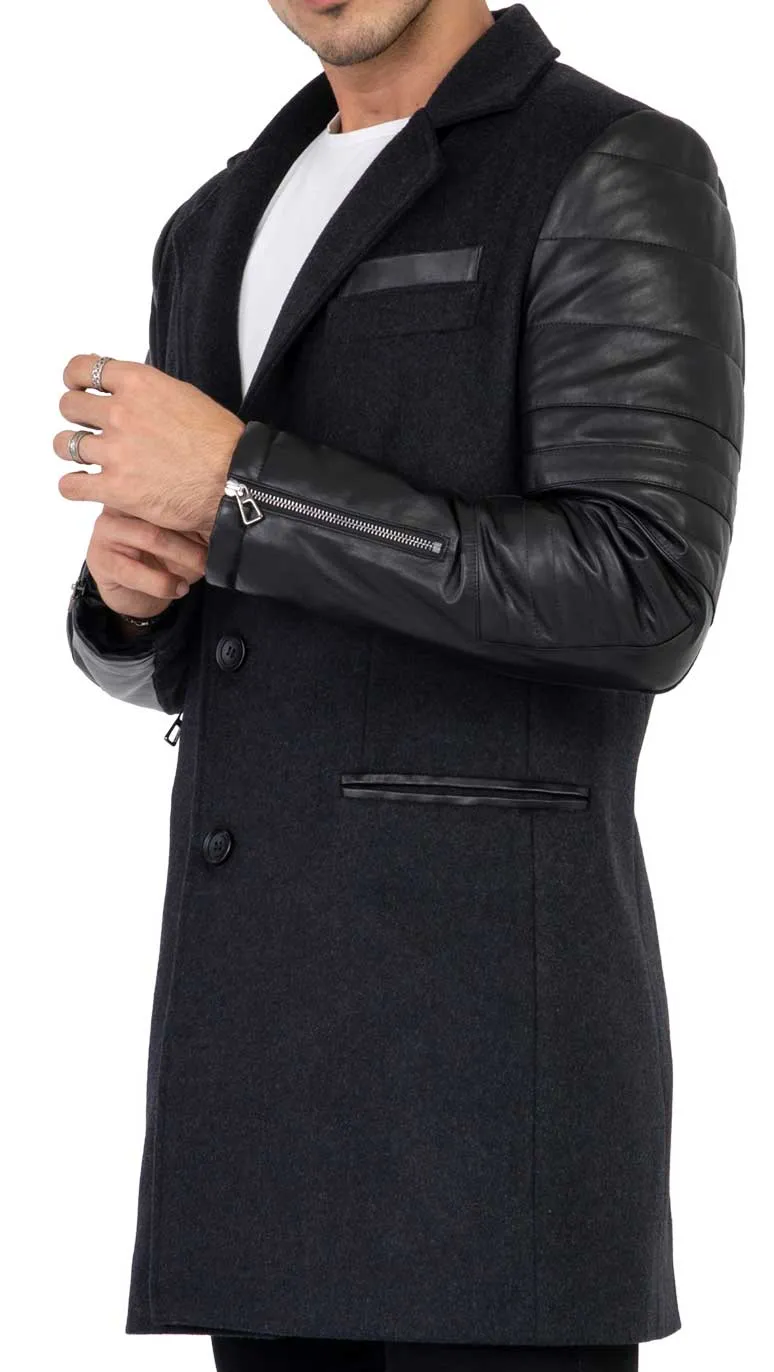 Mens Tweed Cashmere Wool Overcoat with Real Leather Sleeves Grey - B213