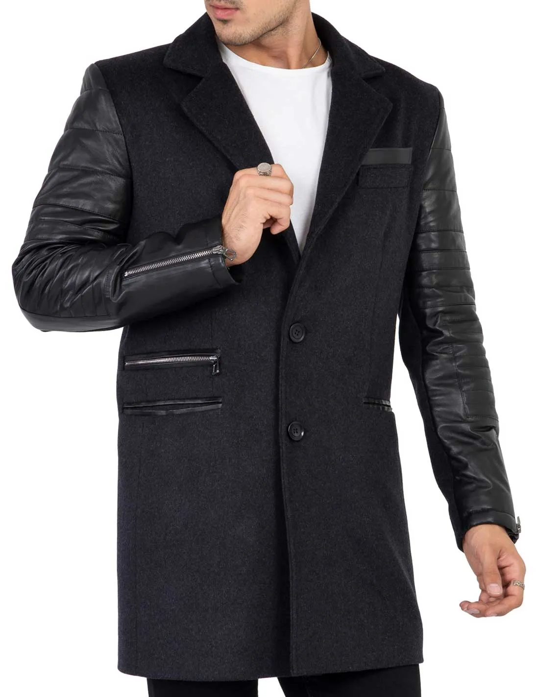 Mens Tweed Cashmere Wool Overcoat with Real Leather Sleeves Grey - B213