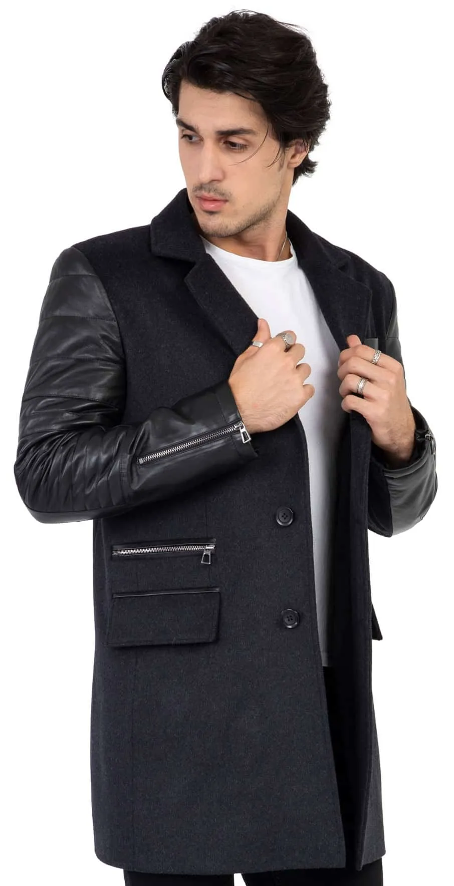 Mens Tweed Cashmere Wool Overcoat with Real Leather Sleeves Grey - B213