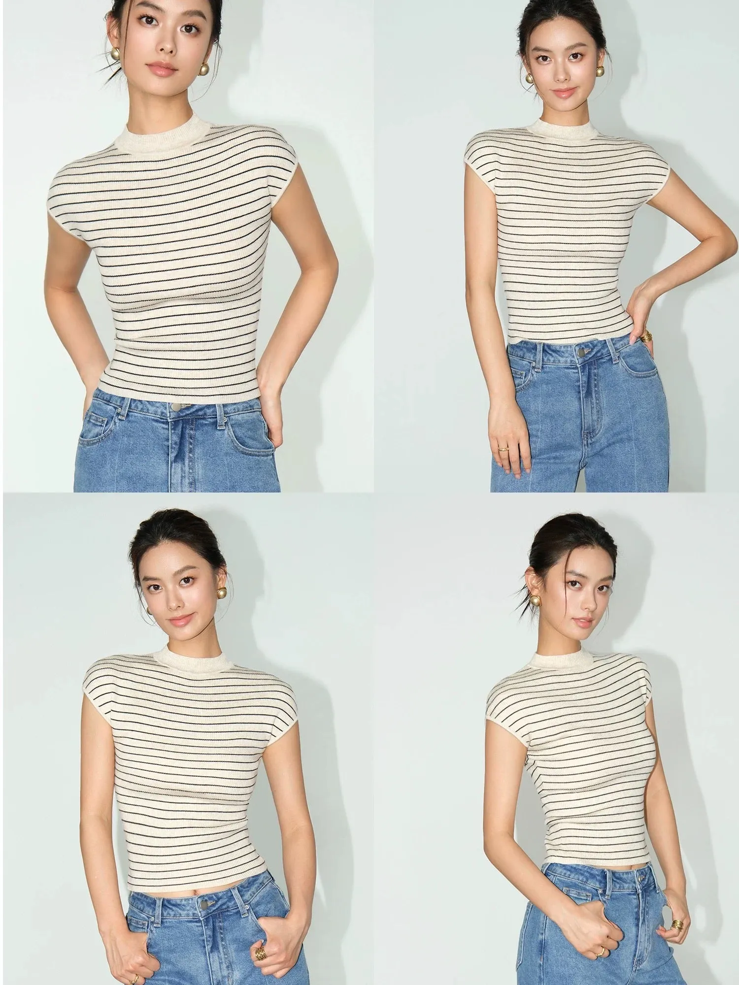 NEVA HU striped half turtleneck knitted bottoming shirt T-shirt for women 2024 autumn new slim fit inner top