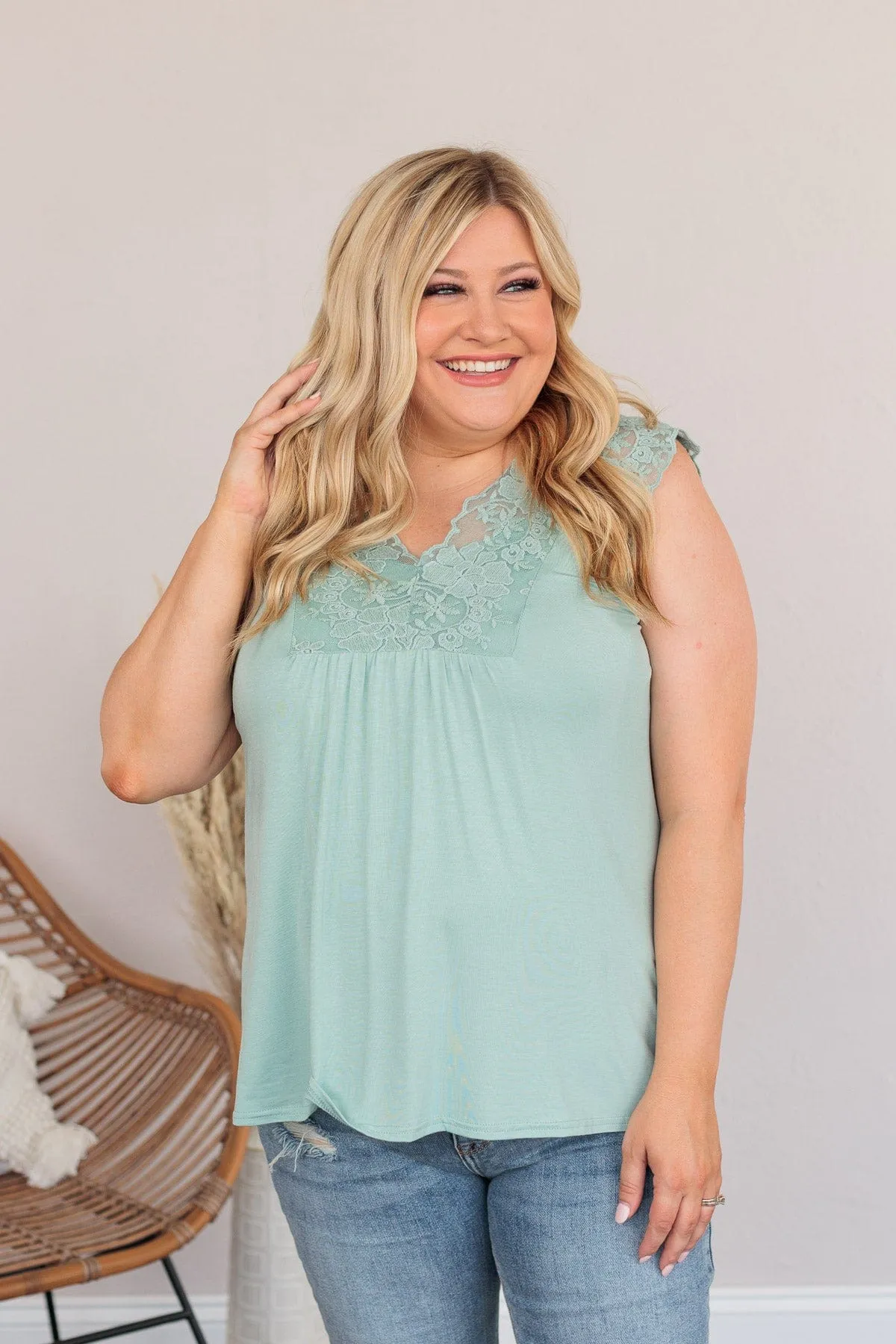 Out For The Day Lace Tank- Sage