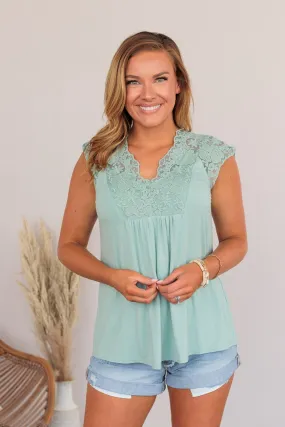 Out For The Day Lace Tank- Sage