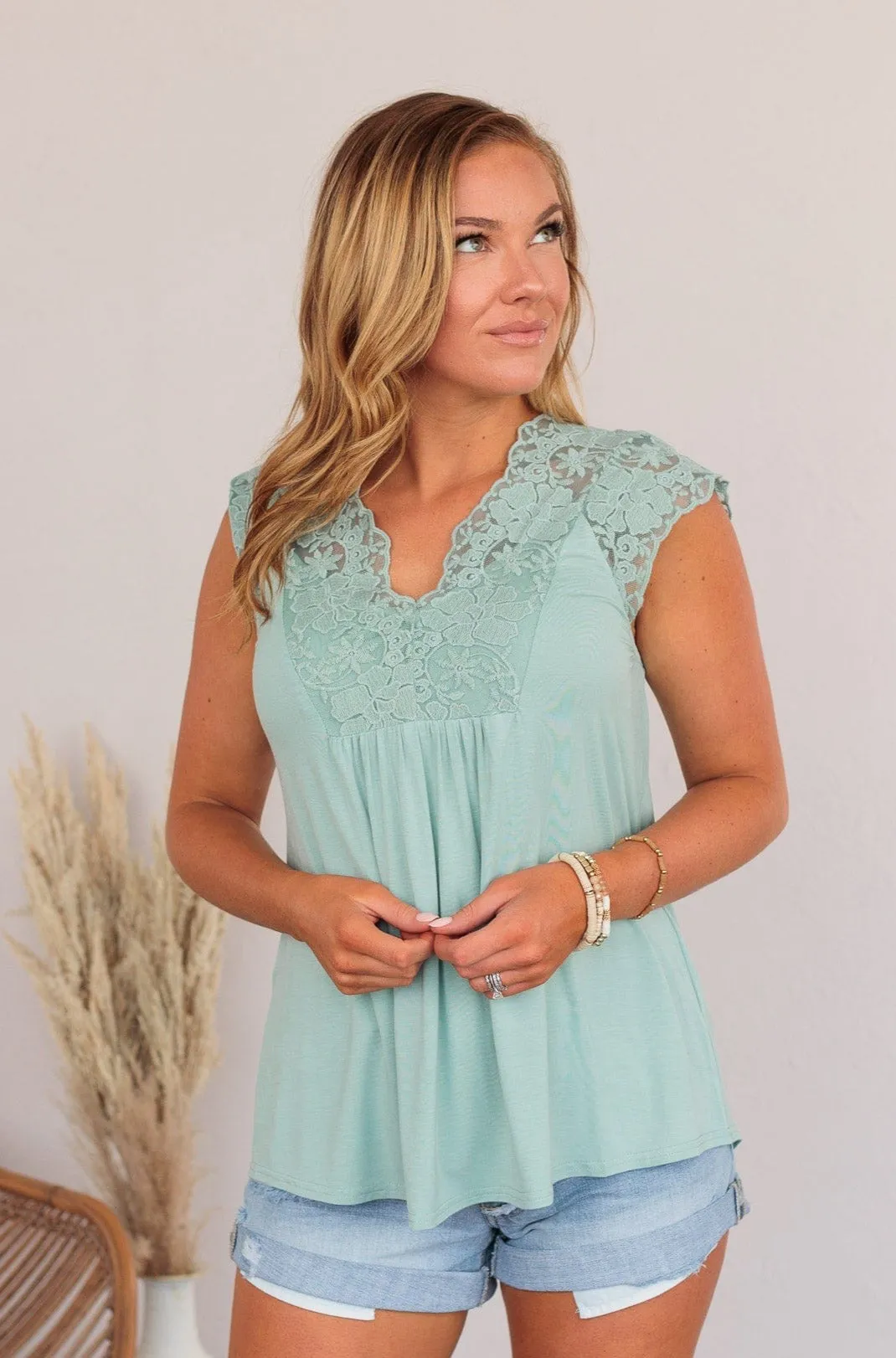 Out For The Day Lace Tank- Sage