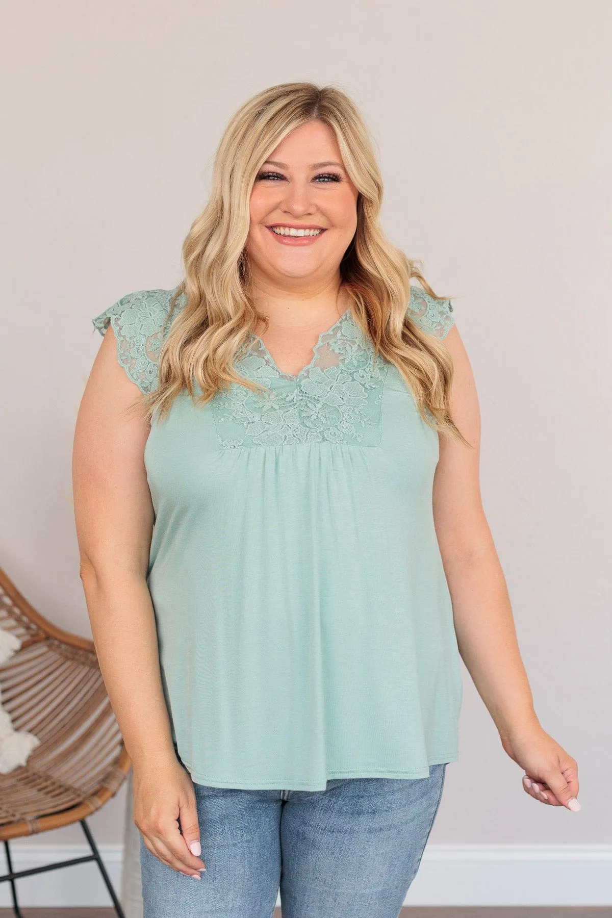 Out For The Day Lace Tank- Sage