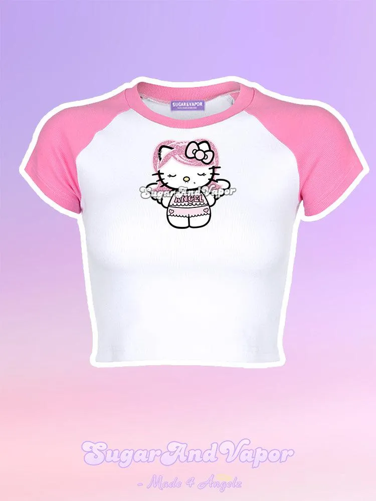 Pink Angel Kitty Raglan Crop Tee