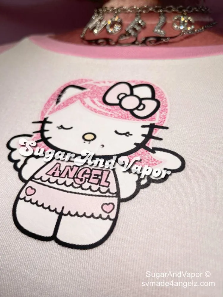 Pink Angel Kitty Raglan Crop Tee