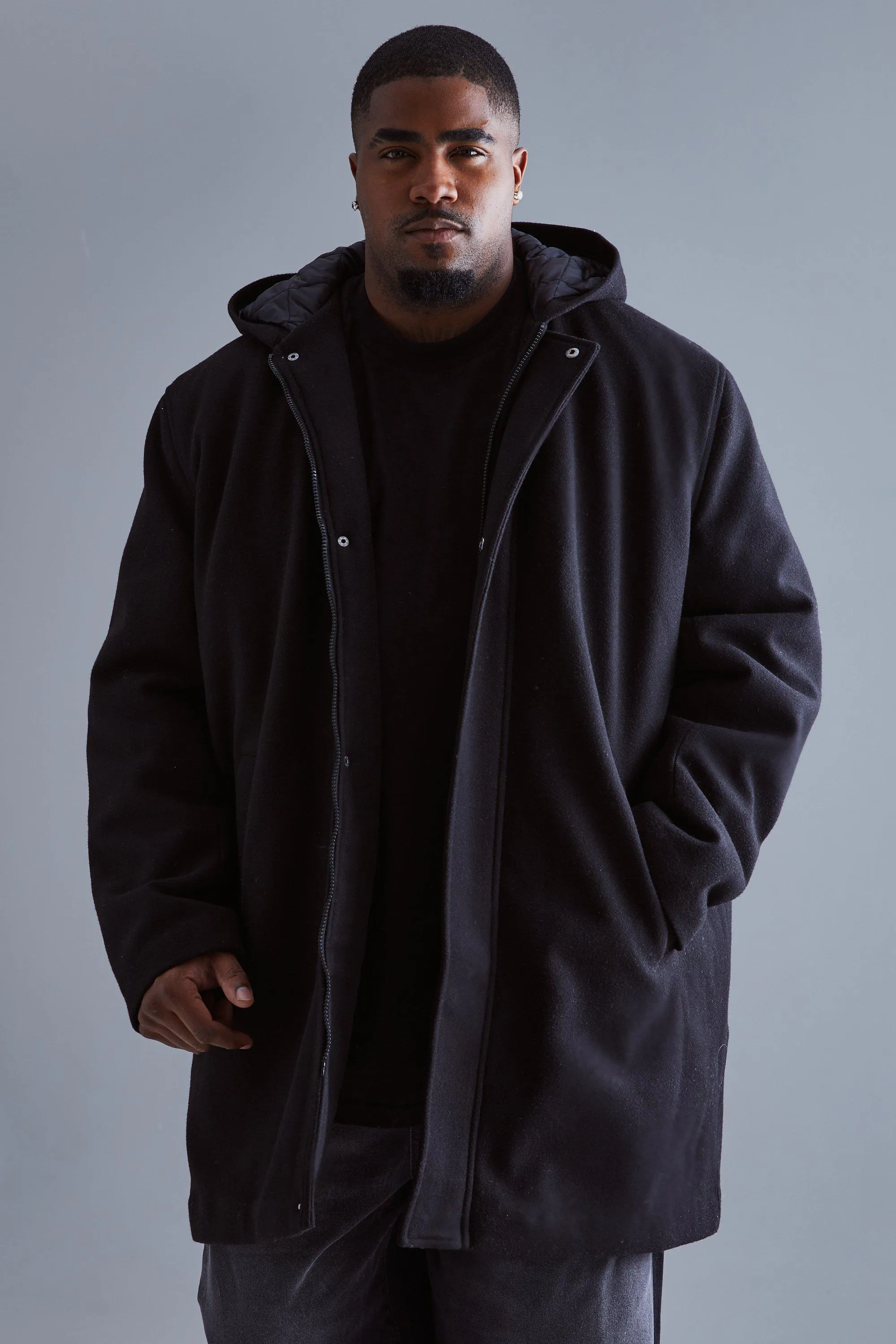 Plus Concealed Placket Hooded Overcoat