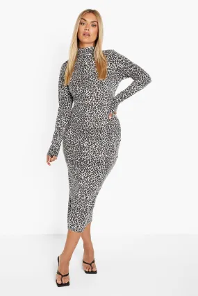 Plus Leopard Jersey Turtleneck Midaxi Dress