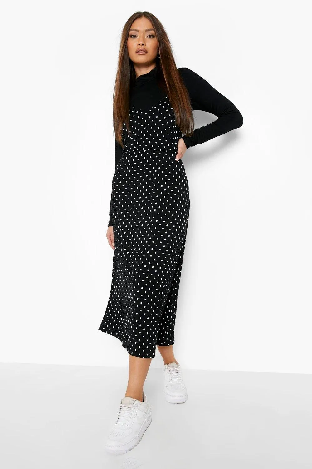 Polka Dot Slip Dress And Turtleneck Top