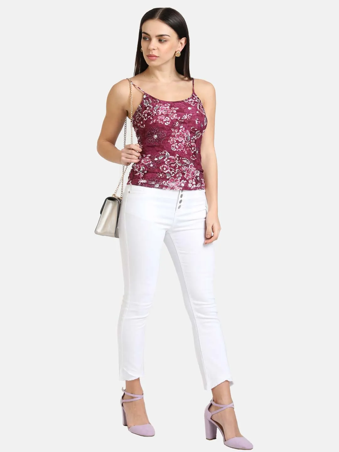 Printed Stretch Lace Spaghetti Top