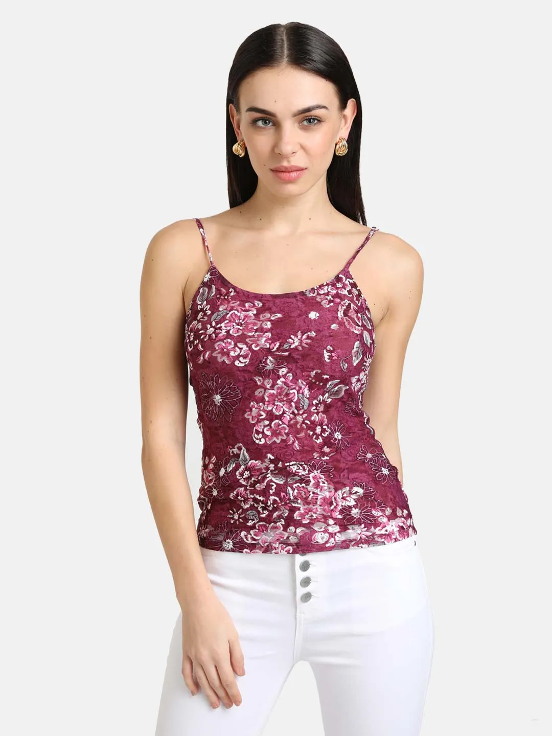 Printed Stretch Lace Spaghetti Top